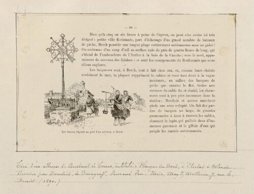 Les Fanaux déposés au pied d'un calvaire, à Berck. - Extr. d'un album par Constant de Tours, intitulé : "Plages du Nord, d’Étretat à Ostende ". Dessins par Bourdier, Burggraff, Fernand Fau - Paris, May et Motteroz, 7 rue St Benoît, 1891.