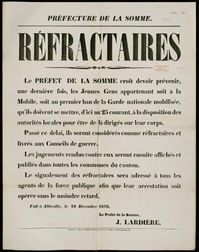 affiche 1870-1871 Préfecture de la Somme. Réfractaires