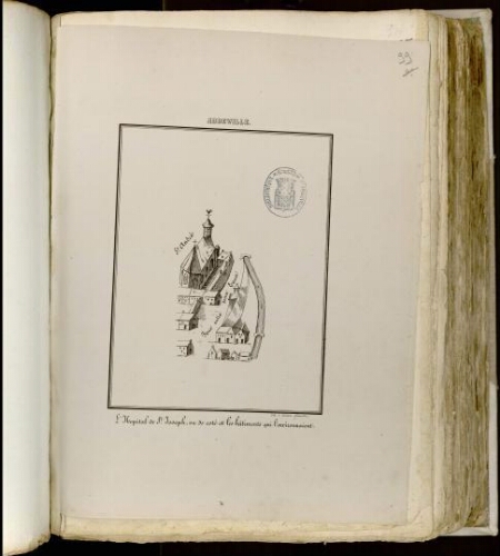 Abbeville L’hôpital de St Joseph, vu du côté et les bâtiments qui l’environnaient dont l'église Saint-André. Lith. L. Gillard, Abbeville