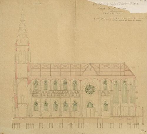 Reconstruction de l'église Saint-Jacques d'Abbeville : coupe longitudinale. Échelle de 0,001 m par mètre.