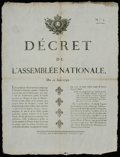 affiche révolutionnaire Décret de l'Assemblée Nationale, du 21 juin 1791.