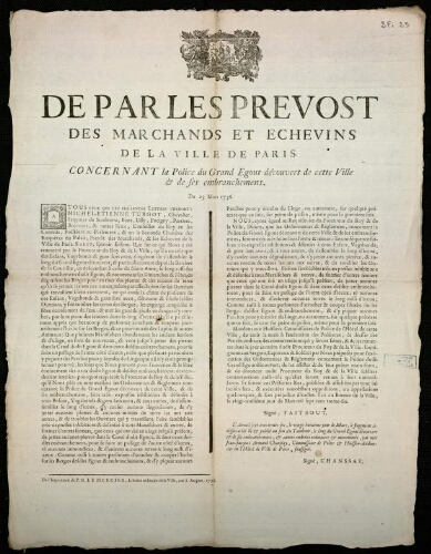 Affiche d'Ancien Régime. "De par les Prevost des Marchands et Echevins de la Ville de Paris Concernant la Police du Gran Egout découvert de cette Ville et de ses embranchemens".