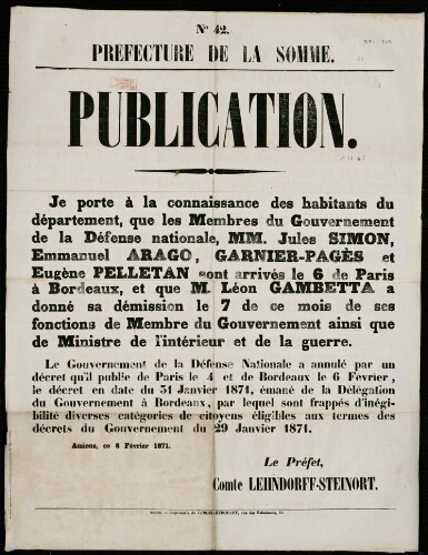 affiche 1870-1871 Préfecture de la Somme : Publication. Démission de Léon Gambetta, 7 février 1871.