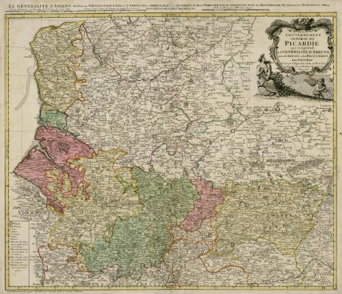 Carte du Gouvernement général de Picardie qui comprend la Généralité d'Amiens avec l'Artois & les frontières des Pays Bas : La Généralité d'Amiens, divisée en VIII Élections : I. Élection d'Amiens, II. Élection d'Abbeville, III. Élection de Dourlens, IV. Élection de Péronne, V.Élection de S. Quentin, VI. Élection de Montdidier, VII. Prevoté de Montreuil, VIII. le Boulenois, IX. le Pays Reconquis.