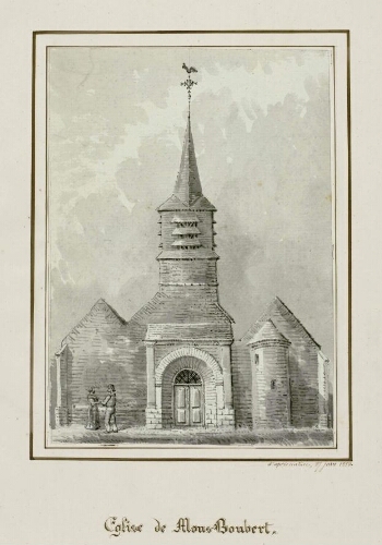 Église de Mons-Boubert. - Aquarelle d'Oswald Macqueron, d'après nature, 27 juin 1850.