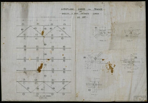 Cartes et Plans 1914-1918 : Aeroplane sheds (hangars à avions) for France for Director of Army contracts, London, 80 off. - Traced by Sap S.E.B. R.M.R.E., N°1 SIEGE C°, feb. 1917.