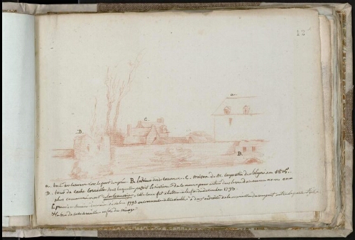 A) Bout de la caserne vers le pont de s Prés. B) Latrines de la caserne. C) Maison de M. Carpentin du Bligni en 1825. D) Tour de cache Cornaille sous laquelle passait la rivière de ce nom pour entrer dans la rue de cEMême nom ou plus communément de la Tannerie. Cette tour fut abattue à la fin de décembre 1793. La première semaine d’octobre 1793 on commence à travailler à de ux endroits de la muraille du rempart entre la porte Saint-Gilles et la tour de Cache Cornaille en face du manège.