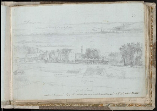 Maison de campagne à Épagnette, occupée par M. de Cossette en 1820, vue du côté de la Grande Route indication de couleurs, dessin préparatoire à un tableau