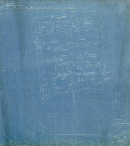 Cartes et Plans 1914-1918 : Abbeville, Site Plan for General Hospital of 1500 beds = Site d'Abbeville Plan pour un Hôpital Général de 1500 lits