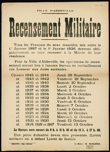 Affiche 1939-1945 : Ville d'Abbeville : Recensement militaire.