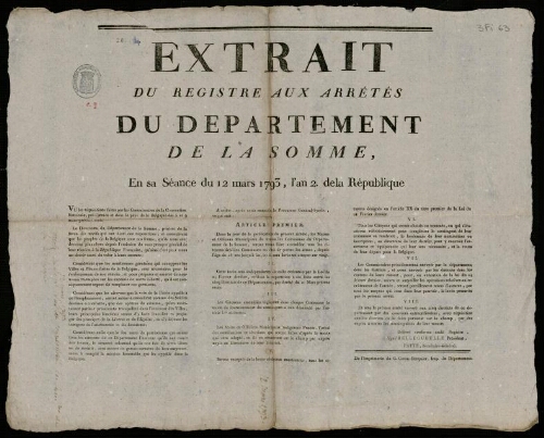 affiche révolutionnaire Extrait du Registre aux arrêtés du Département de la Somme. En sa séance du 12 mars 1793, l’an 2 de la République.