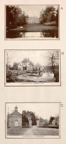 A) Luzières-les-Conty : le château. - Carte postale n°34, L. Caron, phot.-édit., Amiens. Plaque Jougla. B) Luzières-les-Conty : le pont-levis du château. - Carte postale, n°1, L. Caron, phot.-édit., Amiens. C) Luzières-les-Conty : la chapelle du château. - Carte postale, n°2, L. Caron, phot.-édit., Amiens.