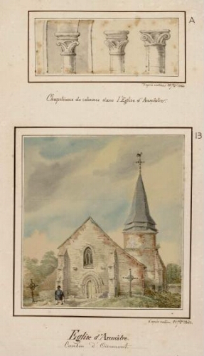 A) Chapiteaux de colonnes dans l'église d'Aumâtre. - Aquarelle d'Oswald Macqueron, d'après nature, 20 sept. 1860. B) Église d'Aumâtre, canton d'Oisemont. - Aquarelle d'Oswald Macqueron, d'après nature, 24 sept. 1860.