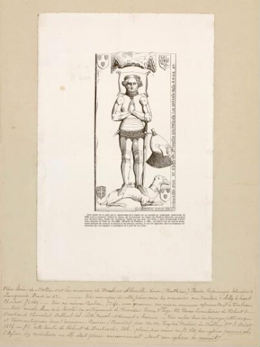 Tombeau de Robert de Bouberch (chevalier, sire de Chepi et de Gruison qui trépassa en 1451 à Bordeaux après la reddition de la ville à Jean, Bâtard d'Orleans, dit le Brave Dunois, à l'armée de qui il se rendit avec le Sire de Rambures) aux musée d'Amiens. Armes de la maison d'Abbeville Boubers-Tunc. Notice