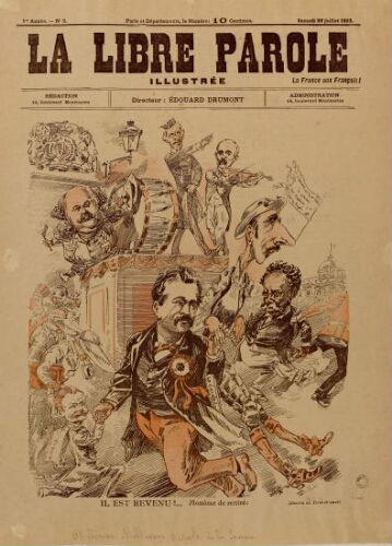 Caricature de Lucien Millevoye. "Il est revenu !... Monôme de rentrée". - Dessin de Tiret-Bognet. Extr. de "La Libre Parole" du 29 juillet 1893.