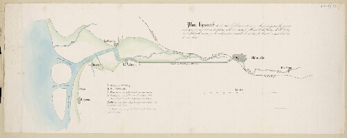 Plan figuratif de la baie de Somme et de ses abords indiquant la position respective des trois stations de pilotes, celle des ports du Hourdel, du Crotoy, de St Valery et d'Abbeville ainsi que la configuration actuelle de la baie de Somme à mer haute et à mer basse. - Lith. I. Bécu, Amiens;