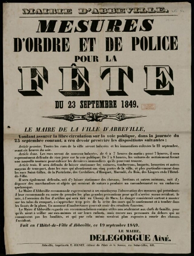 affiche 1800-1865 Mairie d'Abbeville : mesures d'ordre et de police pour la fête du 23 septembre 1849