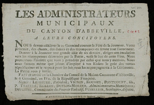 affiche révolutionnaire Les Administrateurs municipaux du Canton d'Abbeville à leurs Concitoyens.