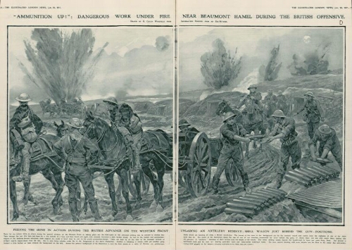 Ammunition up ! : dangerous work under fire near Beaumont Hamel during the british offensive. - Drawn by R. Caton Woodville from information received from an eye-witness. - Extr. de "The Illustrated London News", jan. 20, 1917, p. 74-75.