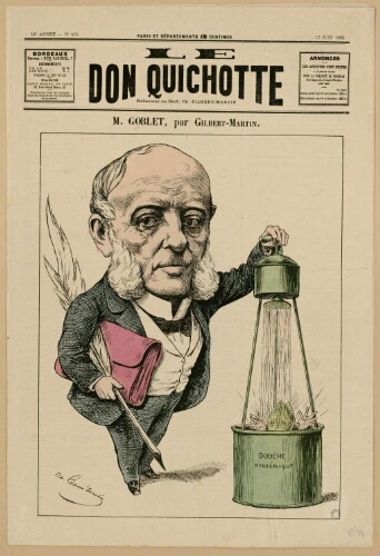 Caricature de René Goblet, par Gibert-Martin. Extrait du journal Le Don Quichotte, Paris, 12 juin 1885 (première page)