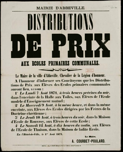 Affiche 1870-1871 Mairie d’Abbeville : distribution de Prix aux écoles primaires communales