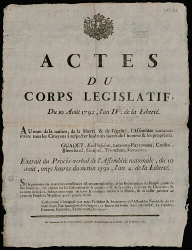 affiche révolutionnaire Actes du Corps Législatif. Du 10 août 1792, l’An IV de la Liberté.