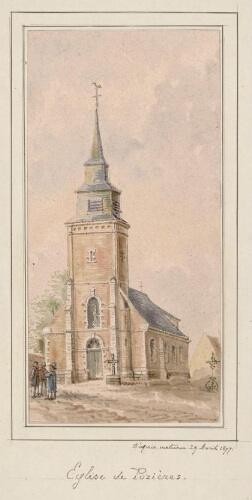 Église de Pozières. - Aquarelle d'Oswald Macqueron, d'après nature, 29 avril 1877.