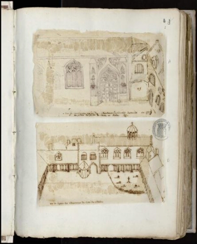 A) Vue de l’ancienne église des Chartreux d’Abbeville détruite en 1773 B) Vue de l’église des Chartreux du côté du cloître