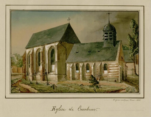 Église de Cambron. - Aquarelle d'Oswald Macqueron d'après nature, mai 1850.