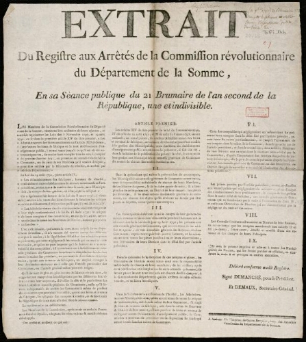 affiche révolutionnaire Extrait du Registre aux Arrêtés de la Commission Révolutionnaire du Département de la Somme. En sa séance publique du 21 Brumaire de l’an second de la République ….