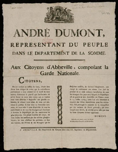 affiche révolutionnaire André Dumont, représentant du Peuple dans le Département de la Somme, aux Citoyens d'Abbeville composant la Garde Nationale.