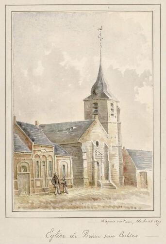 Église de Buire-sous-Corbie. - Aquarelle d'Oswald Macqueron, d'après nature, 26 avril 1877.