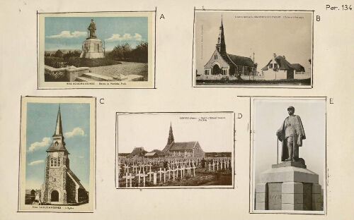 A) Bouchavesnes : statue du Maréchal Foch. - Carte postale. B) Cimetière national de Rancourt-Bouchavesnes, l'église et le presbytère. - Carte postale M. Souillard, phot.-éd., Péronne. C) Bouchavesnes : l'église. - Carte postale. D) Rancourt : Cimetière National Français (côté est) - Carte postale. E) Statue du Maréchal Foch. - Carte postale.