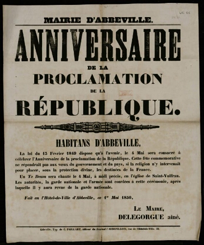 affiche 1800-1865 Mairie d'Abbeville : anniversaire de la Proclamation de la République