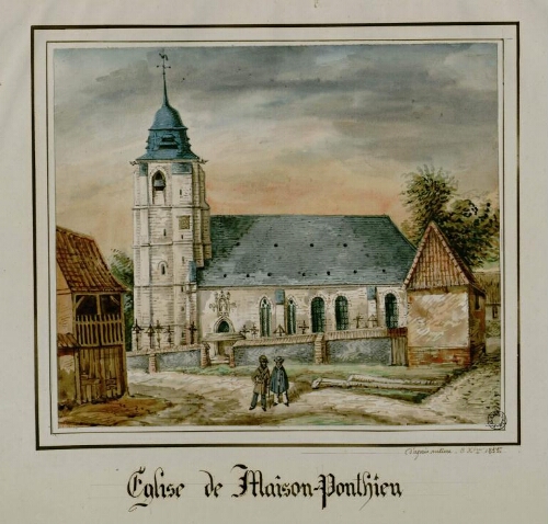 Église de Maison-Ponthieu. - Aquarelle d'Oswald Macqueron, d'après nature, 8 décembre 1855.