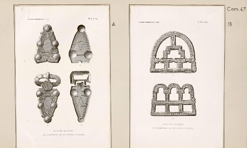 A) Plaques-boucles du cimetière de Maurepas. Extrait du "Bulletin archéologique", 1907, pl. X, p. 29. B) Plaques ajourées du cimetière de Maurepas. Extrait du "Bulletin archéologique", 1907, pl. XI, p. 30.