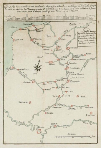 Carte figurative de la jonction de navigations de la Flandres avec celles de la France par le canal souterrain de Picardie. Accompagnée d'une coupe sur la longueur du canal souterrain depuis son embouchure au village de Vend'huille jusqu'à la sortie au château de Tronquoy, proche St Quentin sur 7020 toises ou 3 lieues ordinaires de France avec les 70 puits d'airages creusés de 100 toises en 100 toises.