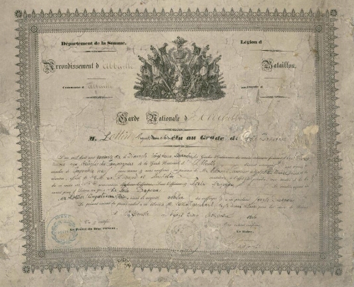 Diplôme. Garde Nationale d'Abbeville : M. Lottin (Auguste Désiré Hilaire) élu au grade de Porte-Drapeau. Extrait du procès-verbal de nomination au grade de porte-drapeau de la Garde Nationale d'Abbeville de M. Auguste Désiré Hilaire Lottin, délivré à Abbeville le 25 novembre 1846.