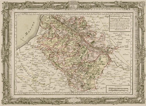 Généralité d'Amiens : carte qui comprend l’Élection propre et le Baillage d'Abbeville, ainsi que les Baillages d'Airaines et d'Arguel, de la même Élection avec les Doyennés de Gamaches et d'Oisemont de l’Élection d'Amiens : comme encore une enclave du Doyenné de Rue et plusieurs du Doyenné d'Abbeville de l’Élection de Doullens.