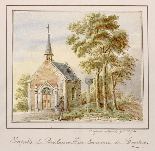 Chapelle de Boulainvilliers, commune de Tronchoy. - Aquarelle d'Oswald Macqueron, d'après nature, 9 oct. 1876. - Nota : le 1er juillet 1972, la commune de Tronchoy, avec ses écarts de Bezencourt et Boulainvillers, est rattachée sous le régime de la fusion-association à celle d'Hornoy qui de vient Hornoy-le-Bourg.