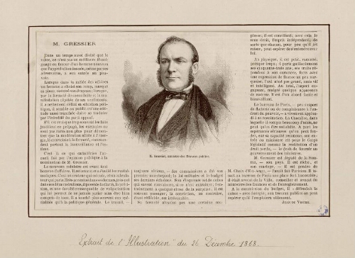 M. Gressier, ministre des Travaux publics. Extr. de "L'Illustration", du 26 décembre 1868. Portrait accompagné d'un article signé Jean du Vistre.