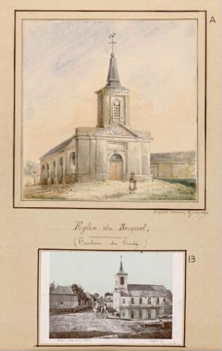 A) Eglise du Bosquel (canton de Conty). - Aquarelle d’Oswald Macqueron, d'après nature, 12 juin 1867. B) Le Bosquel. - Carte postale n°27, Amiens, imp. Yvert et Tellier. Cliché C.B.