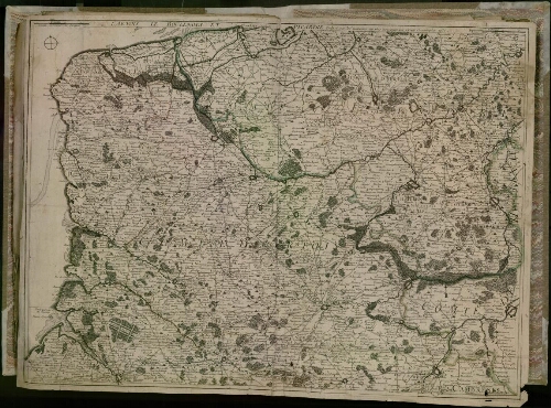 L’Artois, le Boulenois Boulonnais et Picardie. Crespy, géographe. à Paris, chez l’auteur, rue Saint-Jacques, à Saint Jacques, 1738. éch. 1/240 000. 70 mm pour 3 lieues d’une heure de chemin. En fait, petite partie de la Picardie de Dunkerque à Abbeville. Forêts, cours d’eau, canaux, routes, villes, villages.