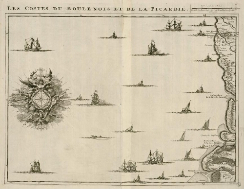 Les Costes du Boulenois et de la Picardie. (Carte du littoral entre l'embouchure de la Somme et Boulogne). - A Bruxelles : chez Eugène Henry Friex, rue de la Madeleine, avec Privilège du Roy, 1709. - J. Harrewyn, fecit.