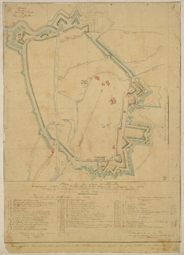 Plan de la place d'Abbeville indiquant l'état des fortifications des bâtiments militaires en 1816. Annexé à l'Historique Militaire de la circonscription d'Abbeville, feuille n°4. Certifié par le garde du Génie soussigné, Abbeville, le 17 mai 1867, signé Belliot. Abbeville, le 18 mai 1867, le chef de bataillon, commandant du Génie, signé Warnier.