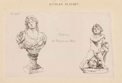 Nicolas Blasset. Statues, château de Namps-au-Mont. Pl. XXXIII. - Nota : Namps-au-Mont est une ancienne commune française de la Somme qui fusionna administrativement avec 3 autres : Namps-au-Val, Taisnil et Rumaisnil pour constituer Namps-Maisnil le 28 décembre 1972.