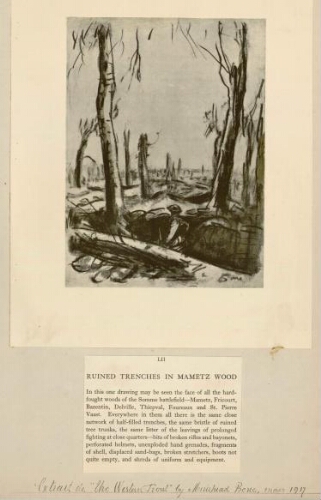 Ruined trenches in Mametz wood. - Extrait de "The Western Front" by Muirhead Bone, mars 1917.