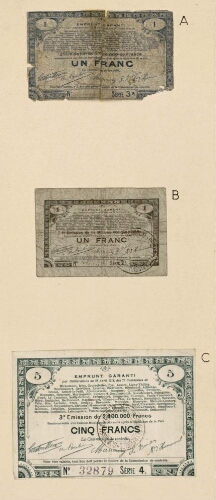 A) et B) Bon d'un franc. Emprunt garanti par Délibérations du 23 avril 1915, de s 70 Communes de Miraumont …. C) Bon de cinq francs. Emprunt garanti par Délibérations du 23 avril 1915, des 70 Communes de Miraumont ….