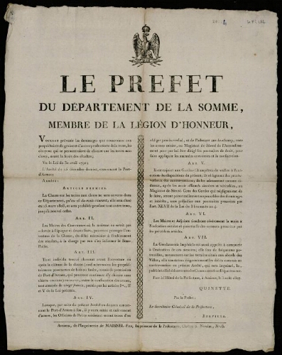 affiche 1800-1865 Le Préfet du département de la Somme, membre de la Légion d'honneur … Arrêté concernant la chasse