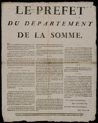 affiche 1800-1865 Le Préfet du département de la Somme … Arrêté concernant les contraventions en matière de Grande Voirie